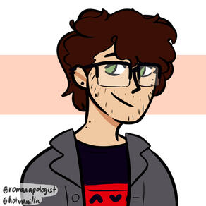 Picrew of a masculine person with curly brown hair, long bangs hanging over his square glasses.