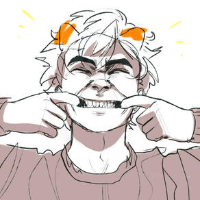 Fanart of Karkat Vantas. He's pulling the corners of his mouth open with his fingers into a forced smile, eyes tightly shut.