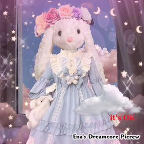 Picrew from "Ena's Dreamcore Picrew." Picrew displays a white stuffed bunny rabbit plush with the body as a powder blue sweet lolita dress. The image has dreamy filters over it and a cloudy background.