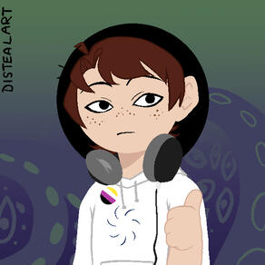 Picrew of a person with short red-brown hair, and a flat expression. They're wearing a void aspect hoodie and a nonbinary pin.