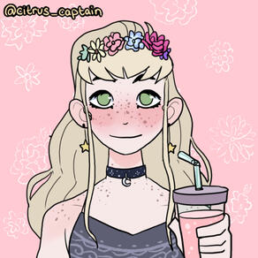 Picrew of a smiling girl with long blond hair, hazel eyes, and a flower crown wearing a tank top and holding a boba tea.